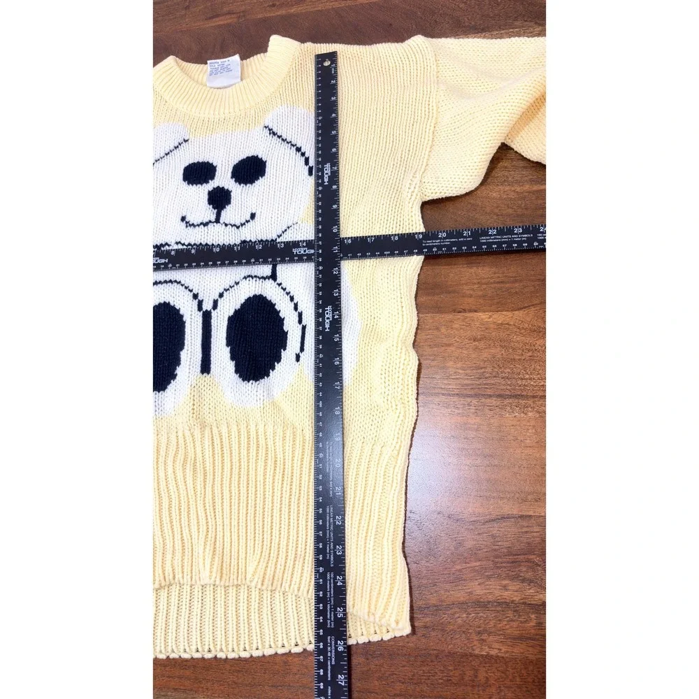 90s Vintage Butter Yellow Teddy Bear Chunky Knit Sweater Size Medium Kawaii Y2K